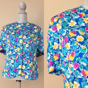 Vintage 80s Adrianna Papell Silk Floral Blouse